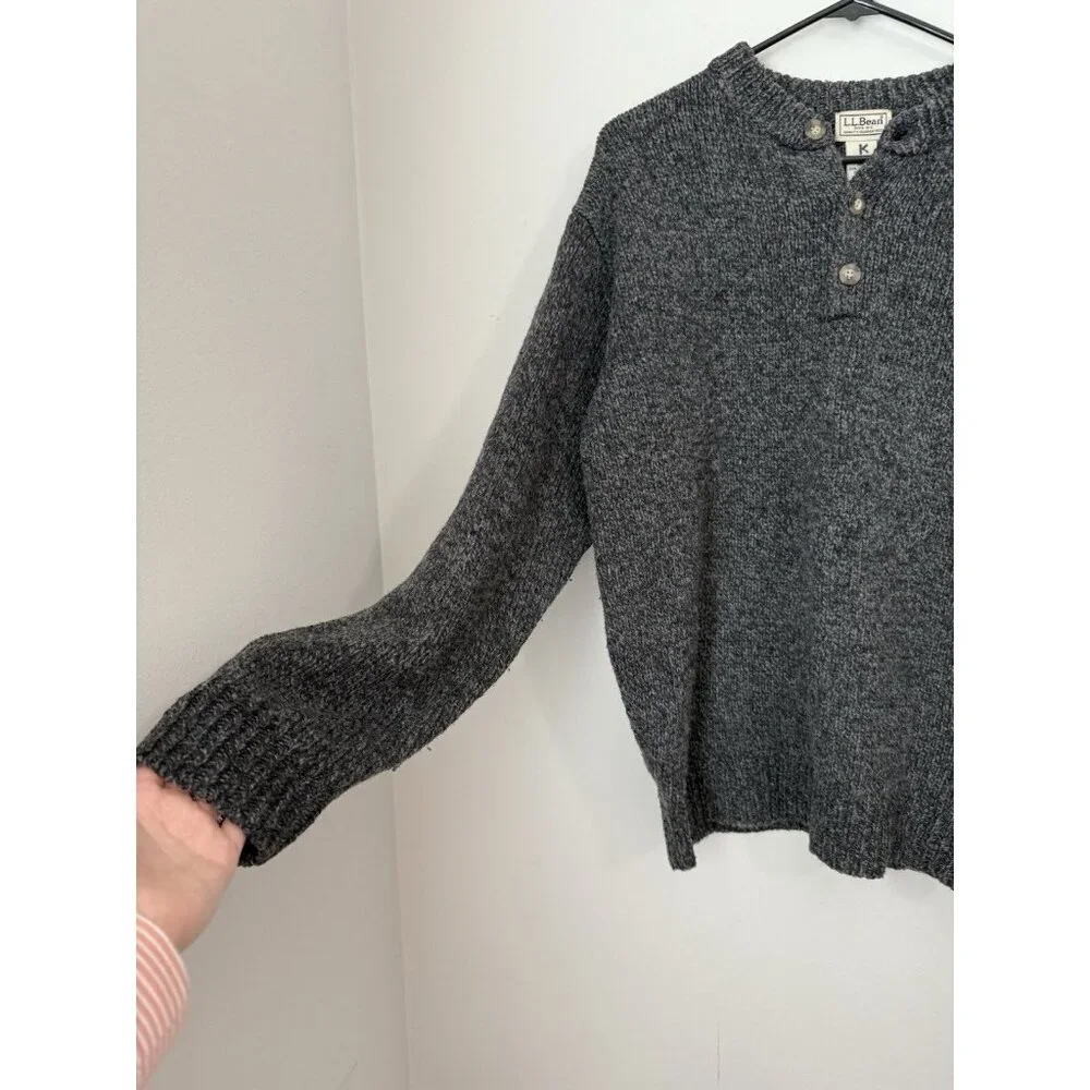 LL Bean 100% Lambs Wool Men's Classic Ragg Sweater Henley Pullover Gray Medium - Picture 2 of 9